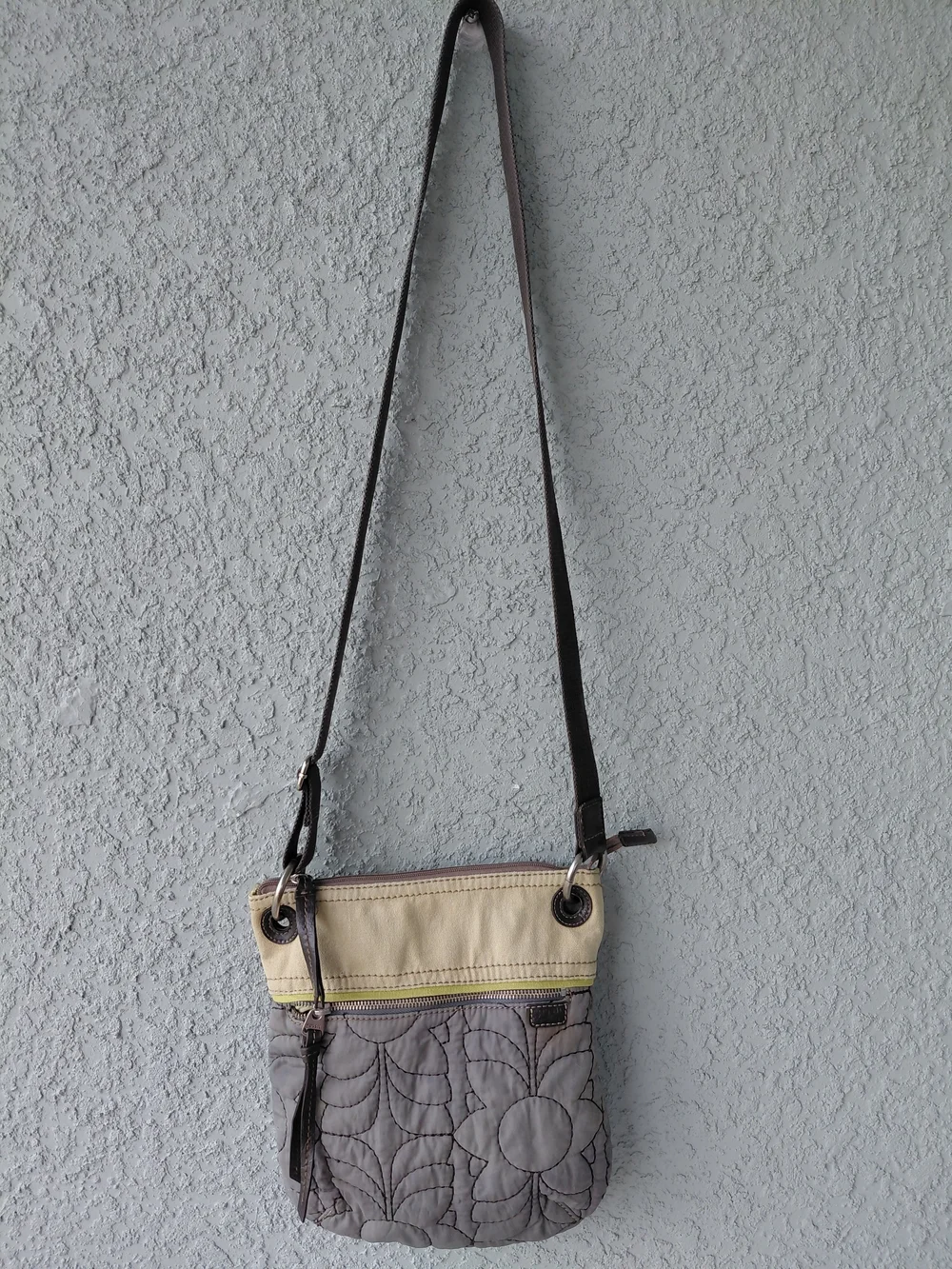 Fossil Key-Per Floral Quilted Crossbody Bag Canvas Leather Trim Beige Brown